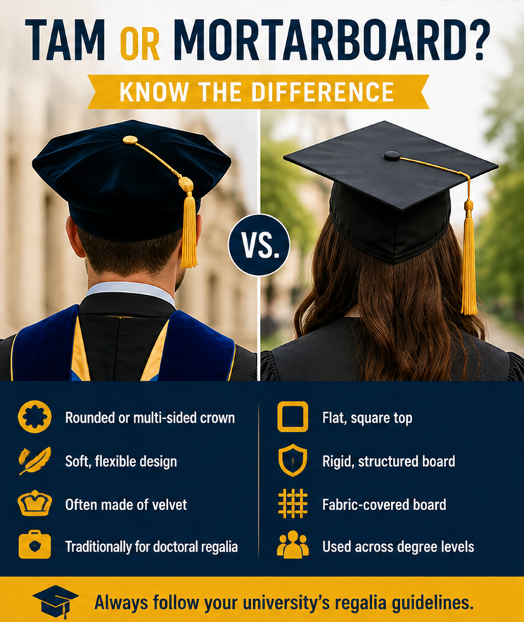Doctoral velvet tam next to standard graduation mortarboard - Cap and Gown depot