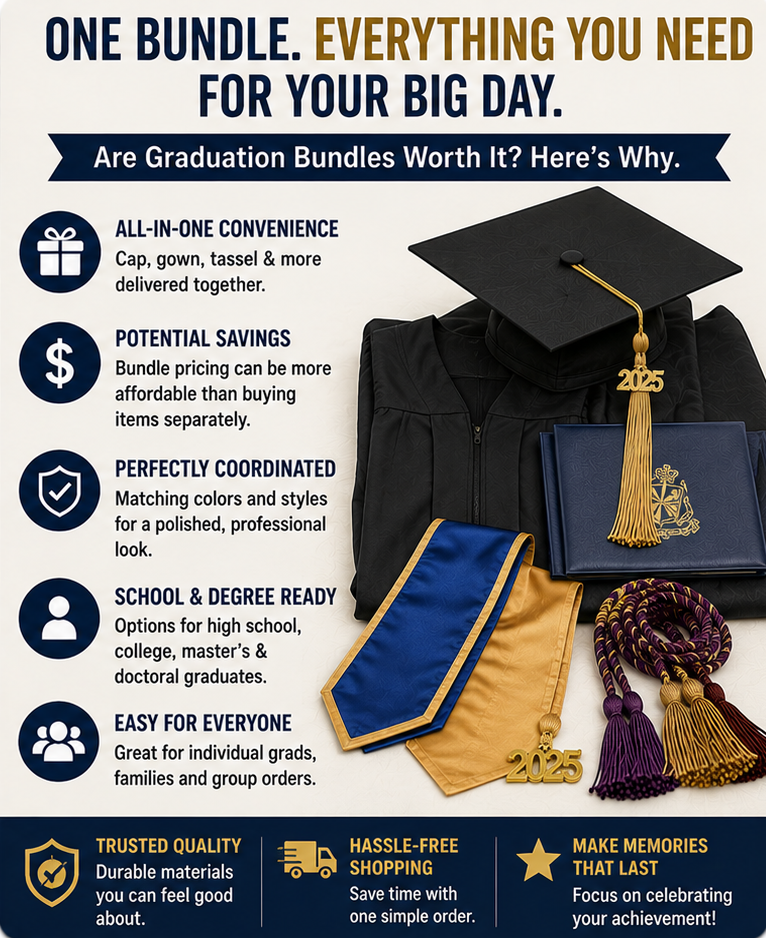 Split screen comparison of a complete graduation regalia package versus individual pieces - Graduation Cap and Gown Depot