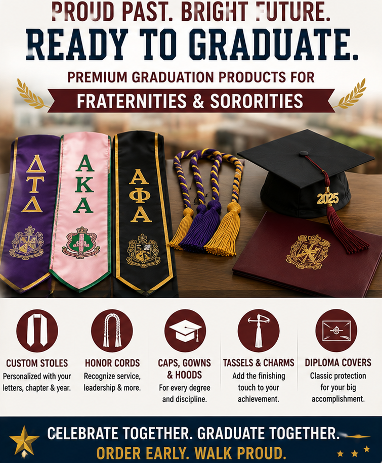 Greek life graduates wearing custom fraternity and sorority graduation gear - Cap & Gown Depot