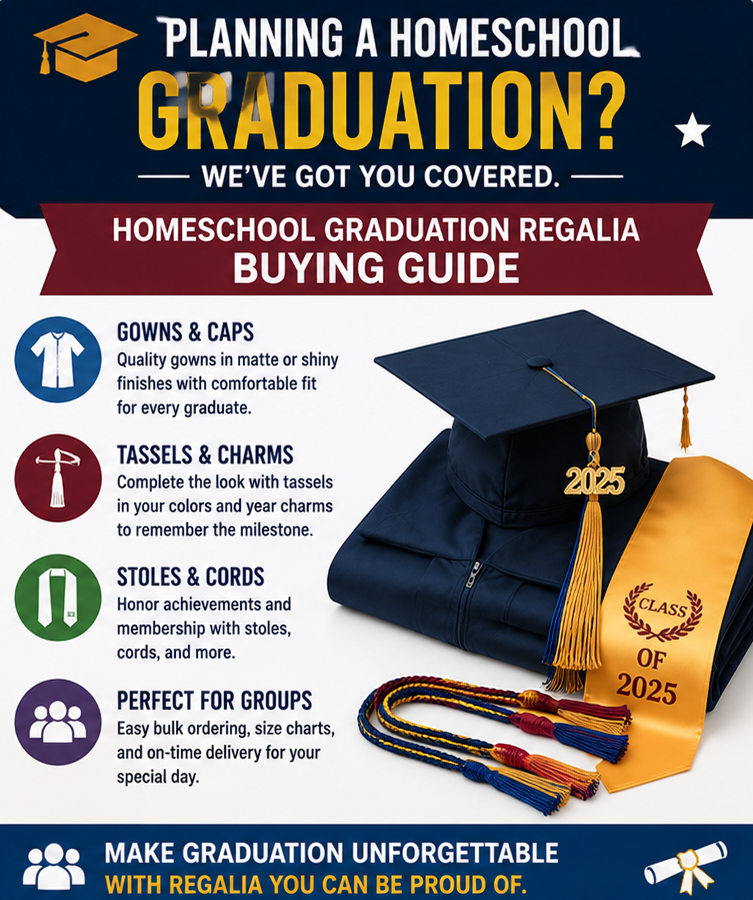 Homeschool graduate in cap and gown receiving diploma from parent - Cap & Gown Depot