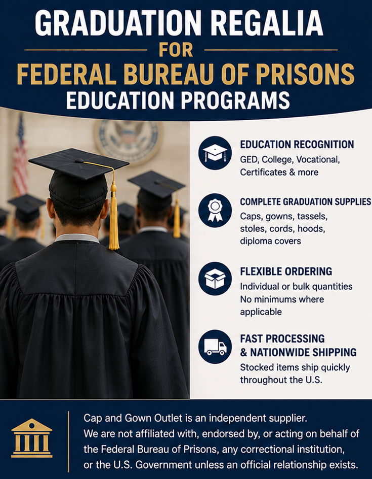 Adult graduates attending a federal correctional education commencement wearing caps and gowns - Graduation Cap & Gown Depot