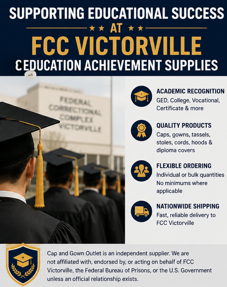 FCC Victorville Educational Achievement Ceremony Supplies: Caps, Gowns & Recognition Products Adult graduates attending an FCC Victorville educational achievement ceremony in matching caps and gowns - Graduation Cap & Gown Depot