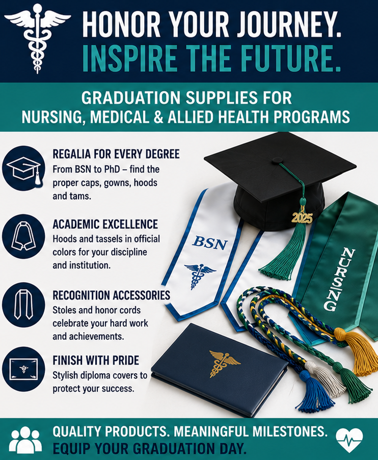 Healthcare graduates in nursing and medical regalia celebrating commencement - Cap & Gown Depot