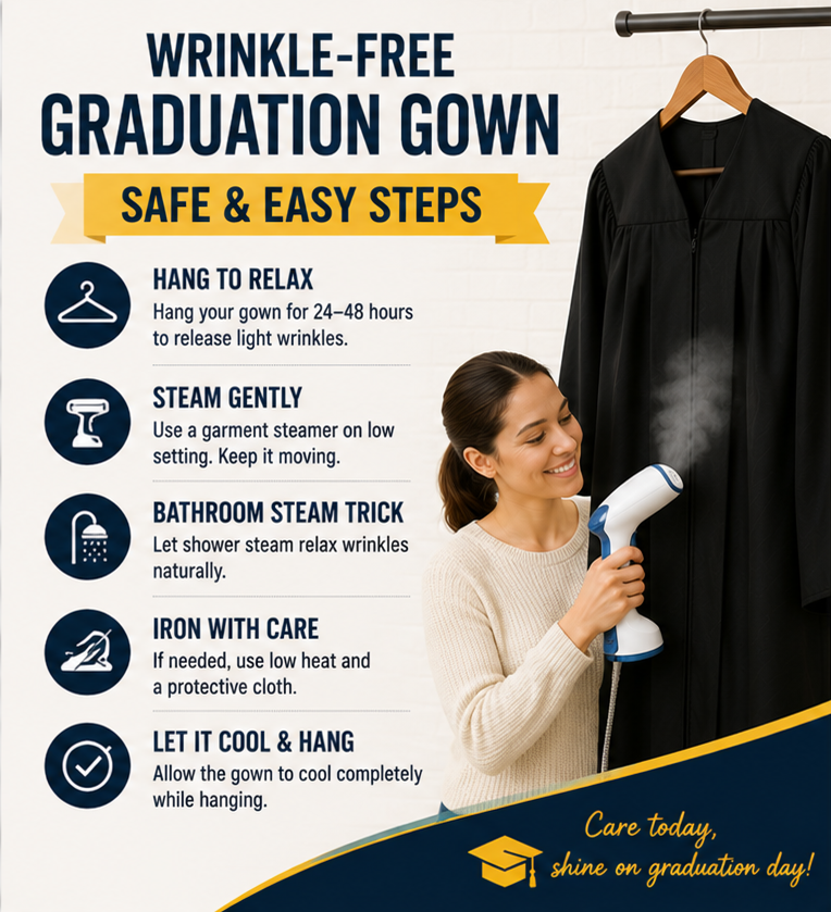 How to Get Wrinkles Out of a Graduation Gown Without Damaging It How to remove wrinkles from a graduation gown safely by Graduation Cap and Gown Depot