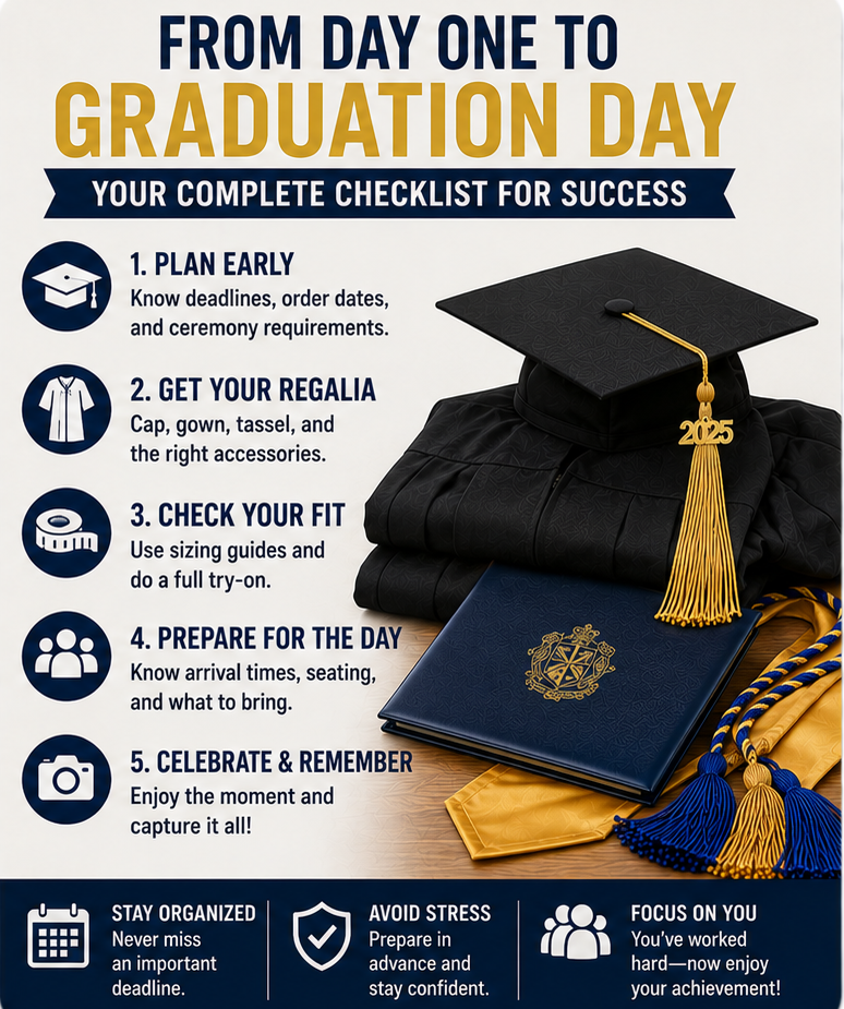 Step-by-step infographic detailing how to get ready for commencement - Graduation Cap & Gown Depot