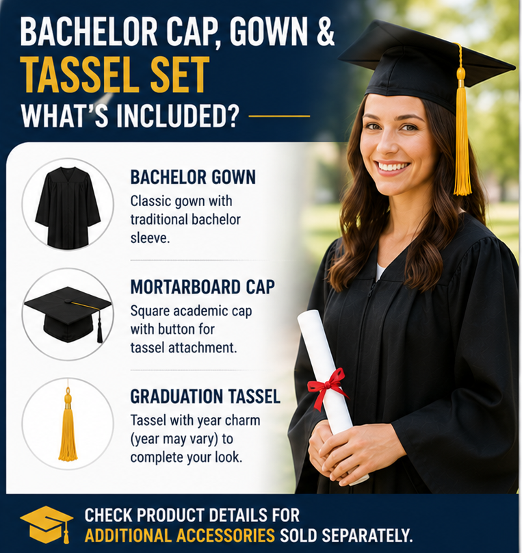 Complete bachelor cap gown and tassel set by Graduation Cap and Gown Depot