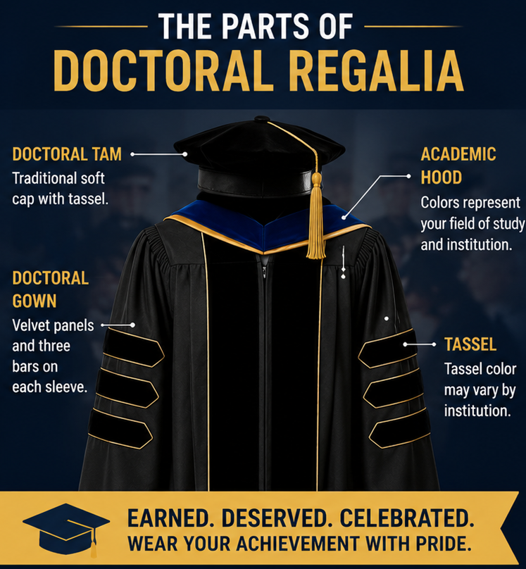 Complete parts of doctoral regalia guide by Cap and Gown Depot