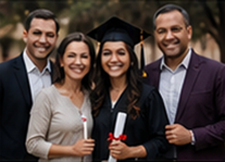 Graduate celebrating commencement day with parents in graduation cap and gown Depot attire
