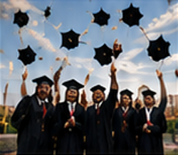 Students celebrating commencement success wearing graduation cap and gown Depot regalia