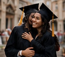 Close up of college friends celebrating milestone wearing graduation cap and gown with tassels - graduation cap and gown depot
