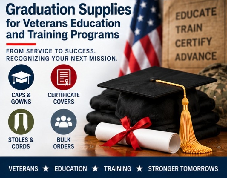 Veterans graduation supplies and career training recognition -graduation cap and gown depot