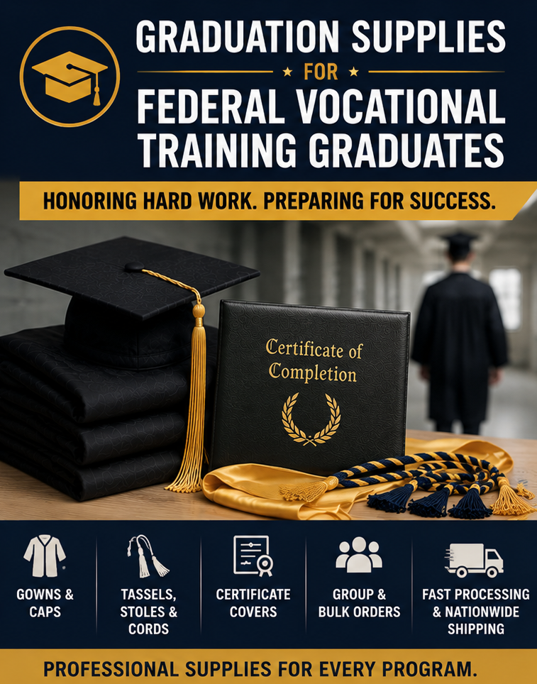 Federal Vocational Education Graduation Regalia & Recognition Supplies Buying Guide Graduation cap and gown supplies for federal vocational programs
